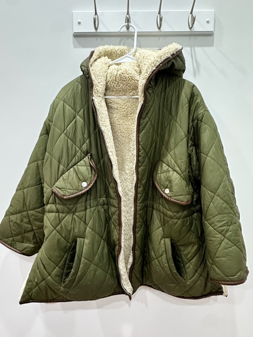 Maje Olive Green Quilted Hooded Puffer with Cream Sherpa Lining